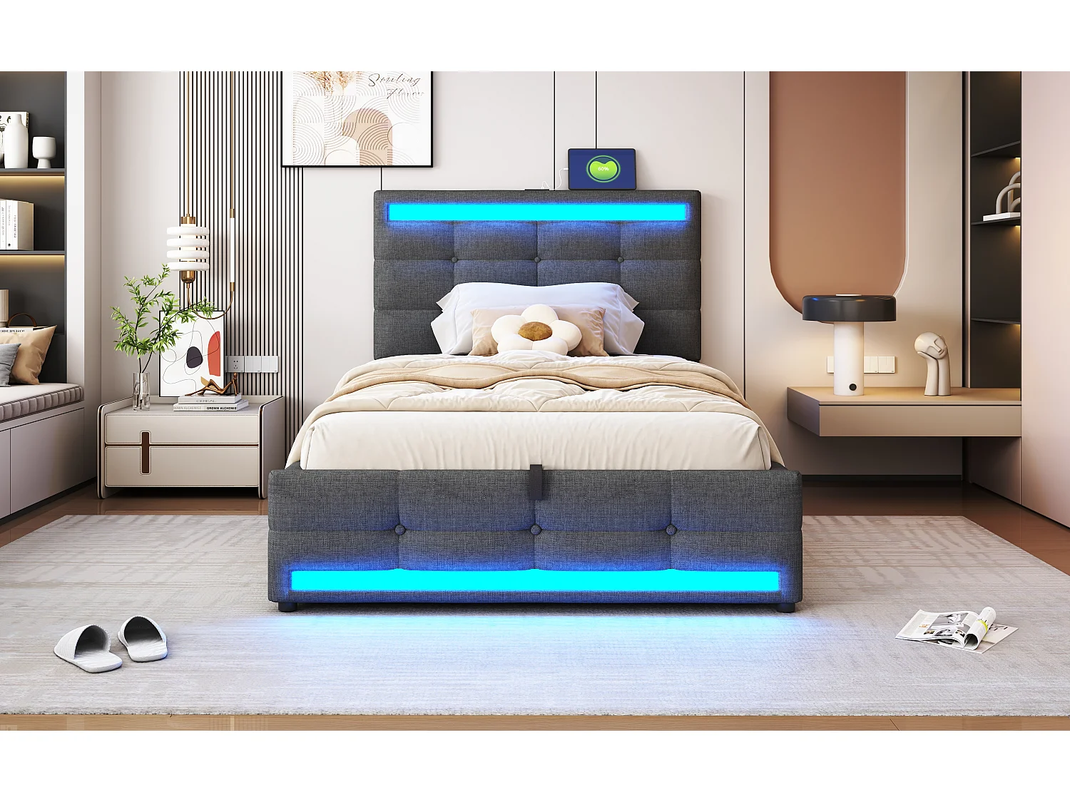 Lit coffre rembourré - 90 x 200 - rangement hydraulique - avec USB + Leds - lin + contreplaqué + MDF - gris