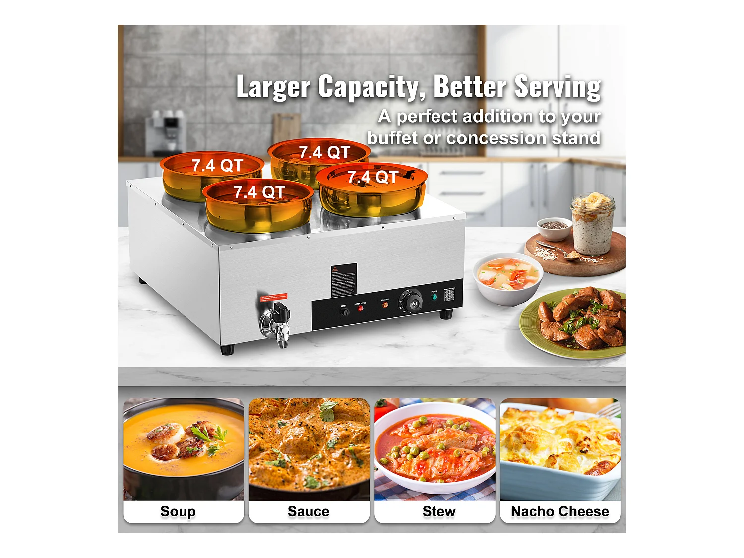 Chauffe-Soupe Commercial SucceBuy avec 4 Pots de 7L, Température Réglable de 86 à 185 °F, Anti-Brûlure à Sec, pour Buffet de Restaurant