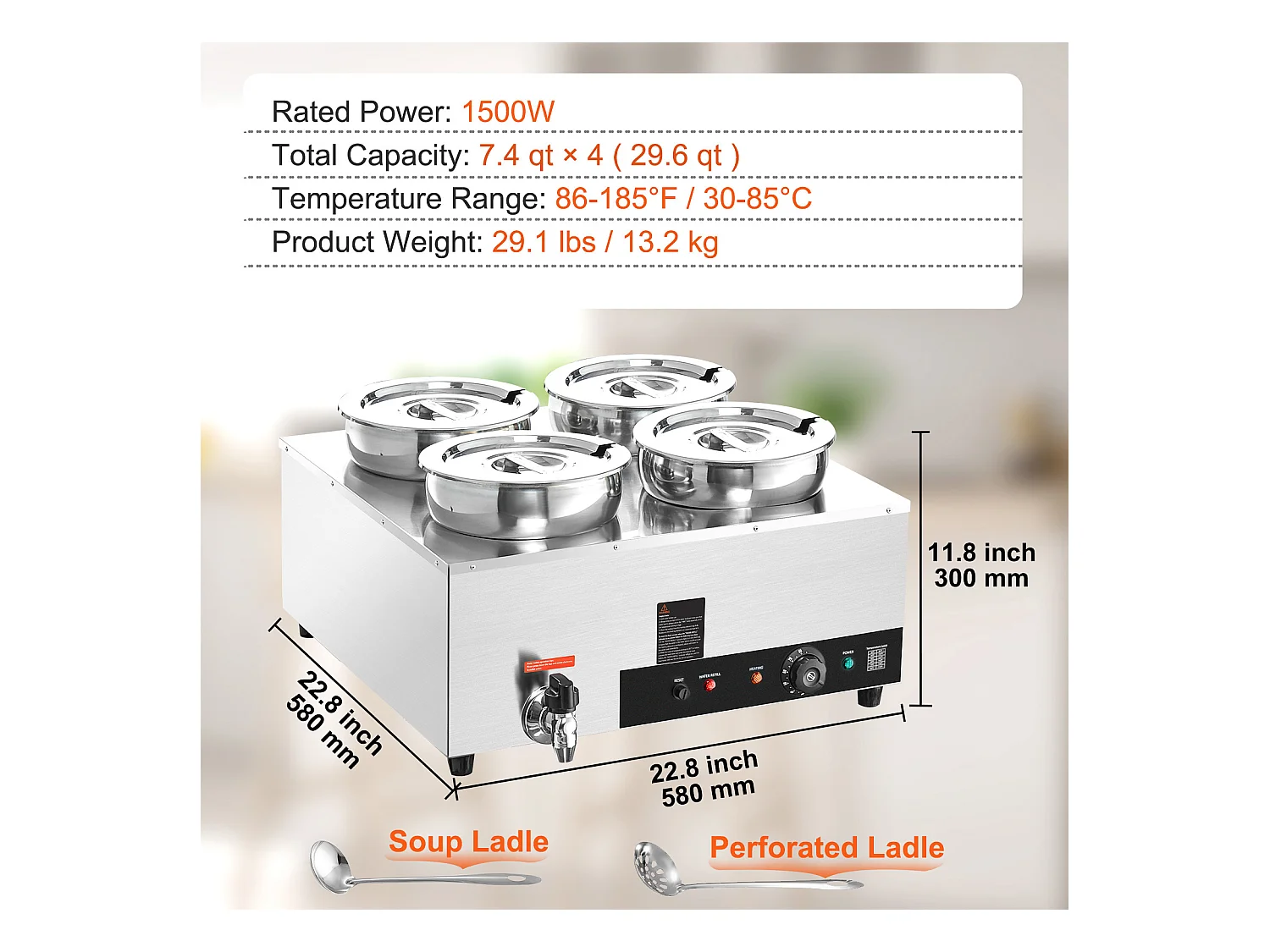 Chauffe-Soupe Commercial SucceBuy avec 4 Pots de 7L, Température Réglable de 86 à 185 °F, Anti-Brûlure à Sec, pour Buffet de Restaurant