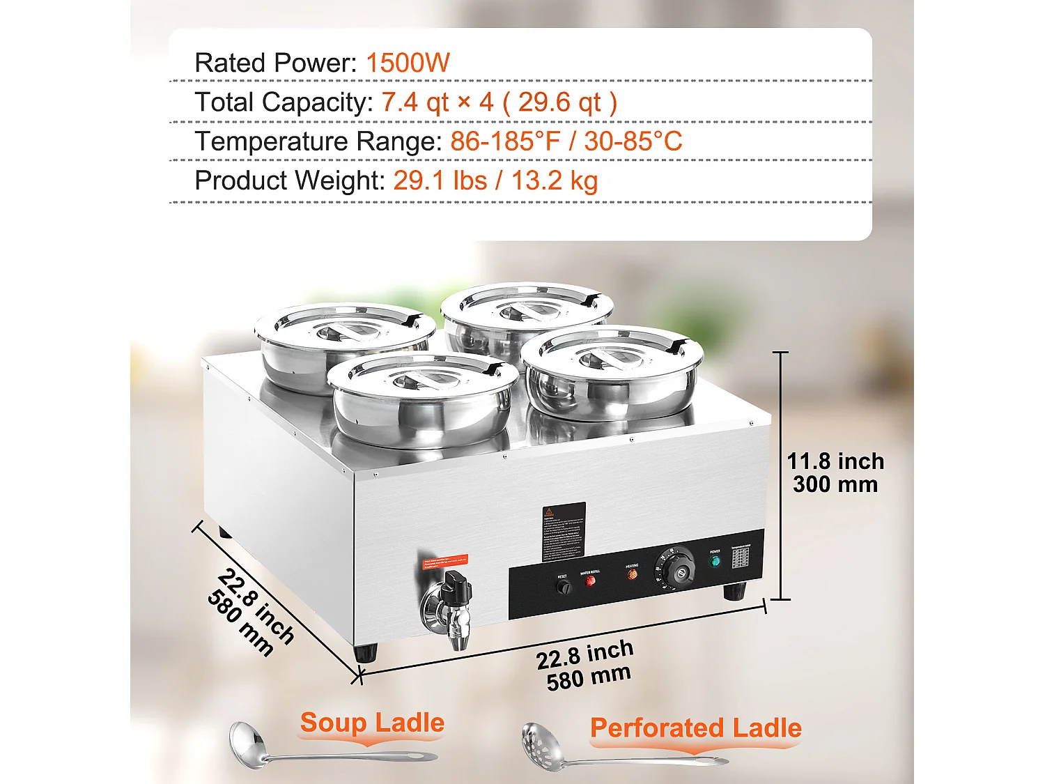 Chauffe-Soupe Commercial SucceBuy avec 4 Pots de 7L, Température Réglable de 86 à 185 °F, Anti-Brûlure à Sec, pour Buffet de Restaurant