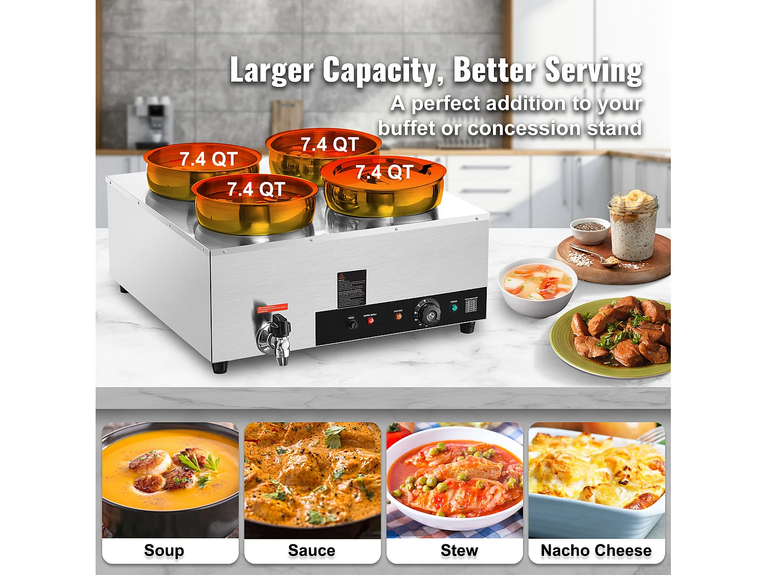 Chauffe-Soupe Commercial SucceBuy avec 4 Pots de 7L, Température Réglable de 86 à 185 °F, Anti-Brûlure à Sec, pour Buffet de Restaurant