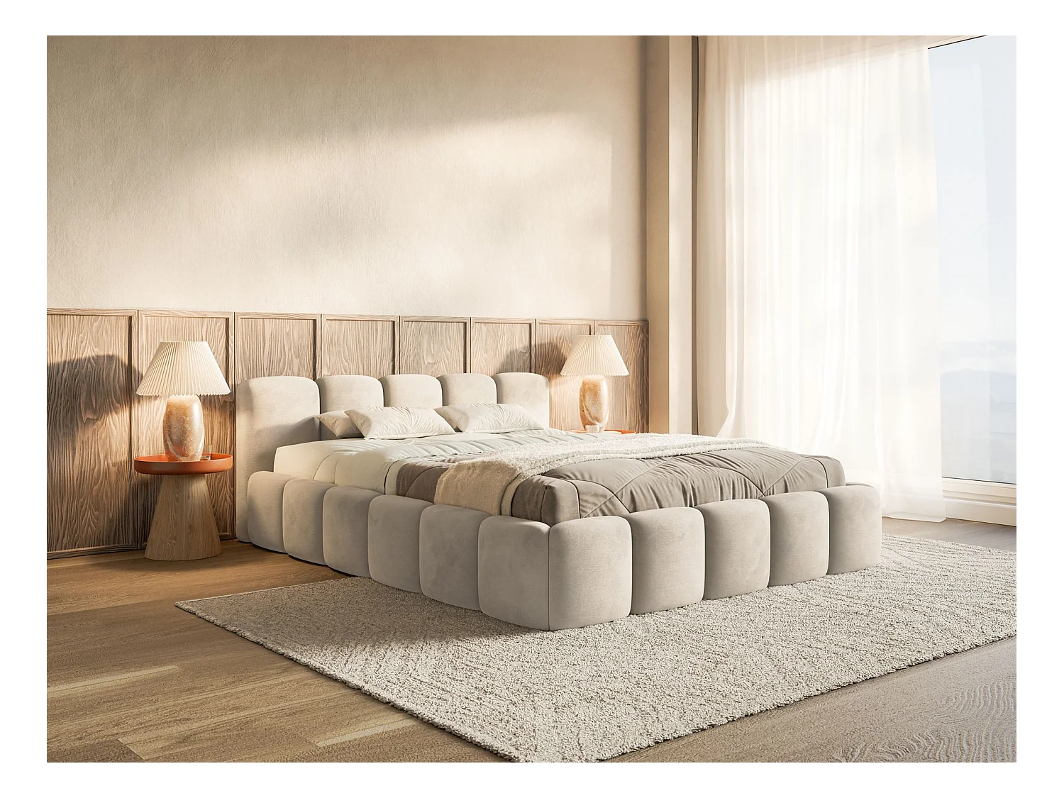 Lit rembourré – 180x200 cm – beige clair – velours hydrophobe - CLOUDY LOW