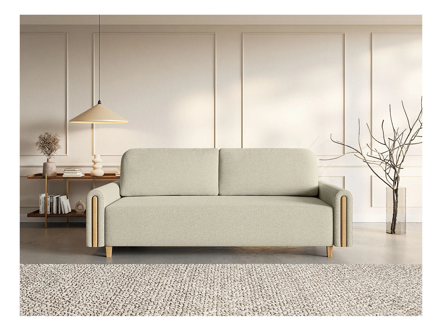 3-Sitzer Schlafsofa - mit Bouclé-Stoff - Bettkasten - Hellbeige - MAJLA