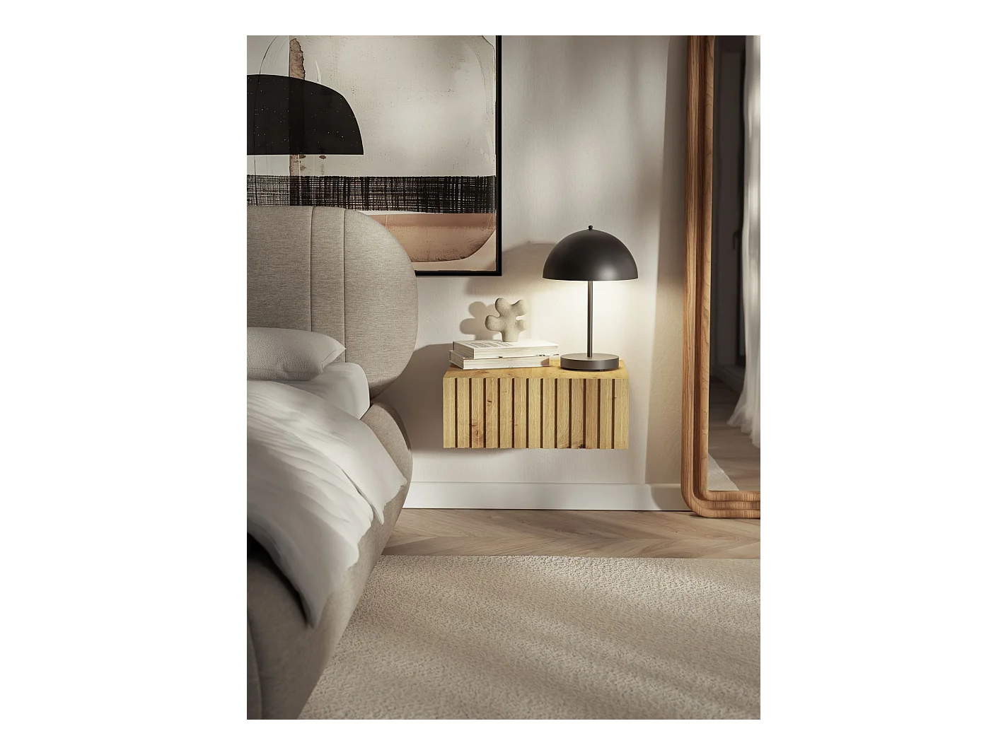 Table de chevet suspendue – tiroir & façade à lamelles – 50 cm – chêne artisan – TELIRE