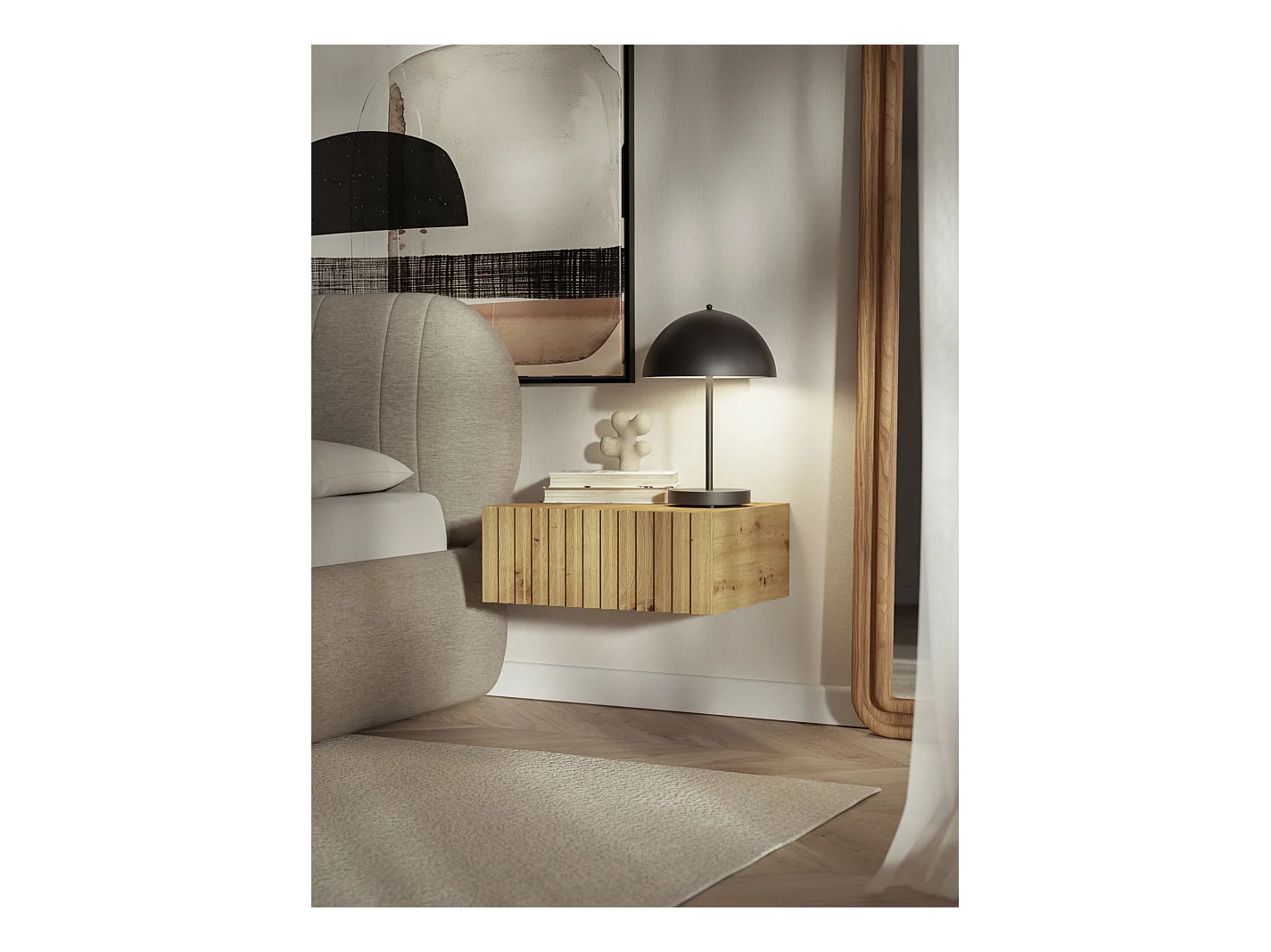 Table de chevet suspendue – tiroir & façade à lamelles – 50 cm – chêne artisan – TELIRE