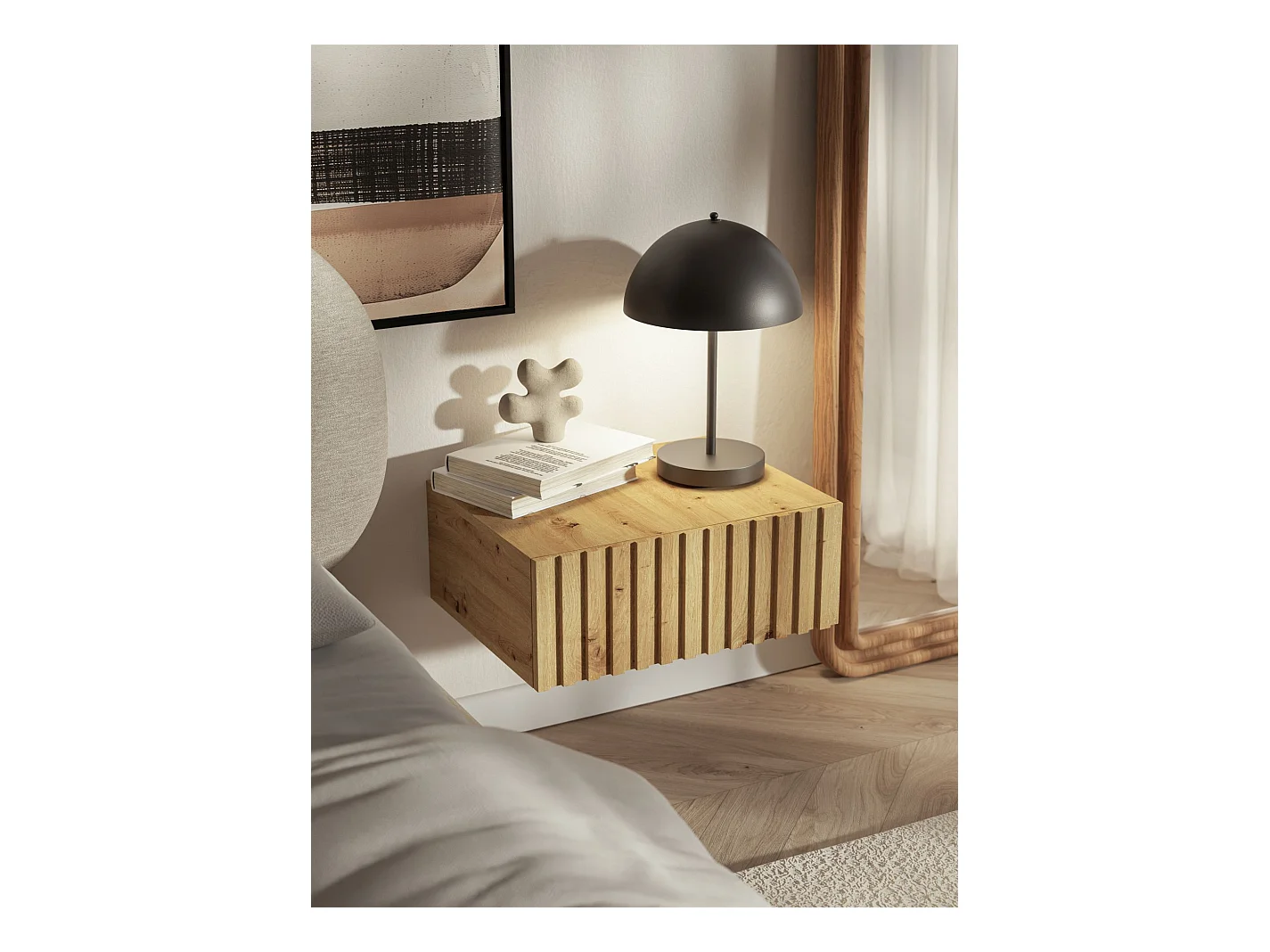 Table de chevet suspendue – tiroir & façade à lamelles – 50 cm – chêne artisan – TELIRE