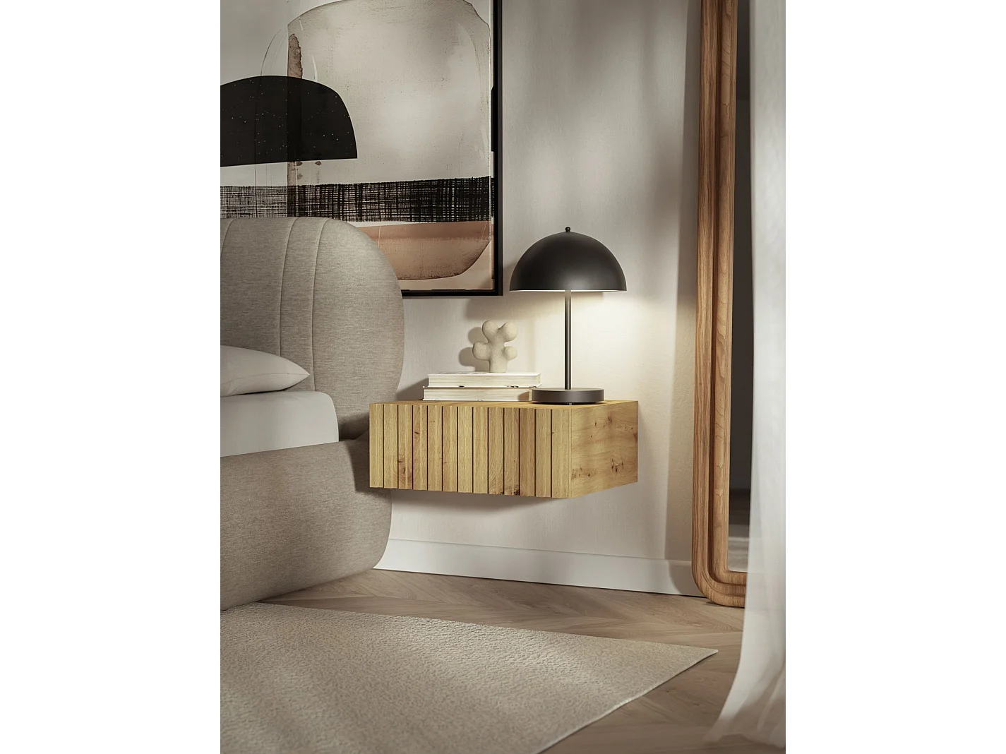 Hängender Nachttisch - Schublade & Lamellenfront - 50 cm - Eiche Artisan - TELIRE