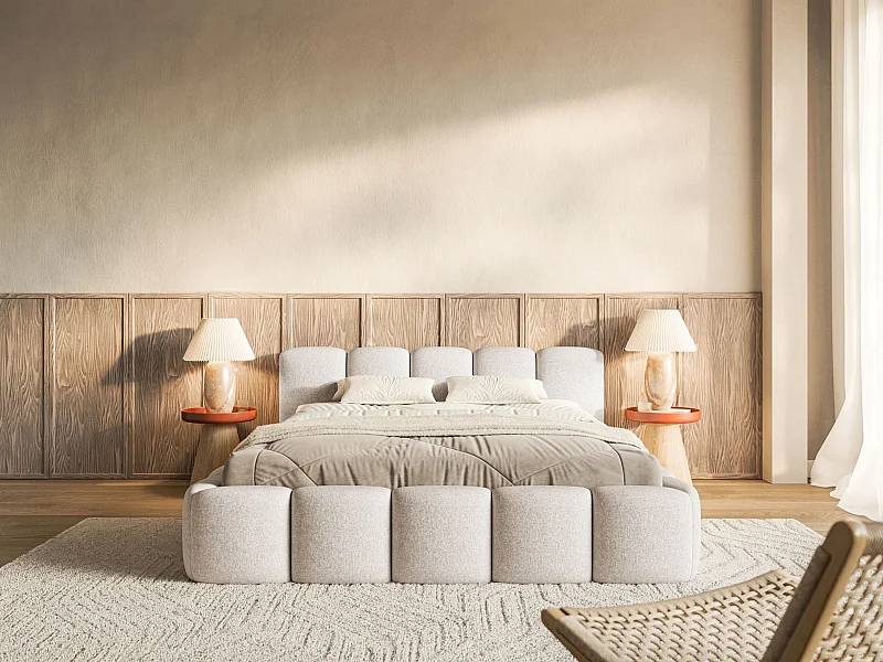 Lit rembourré – 160x200 cm – beige clair – chenille hydrophobe - CLOUDY LOW