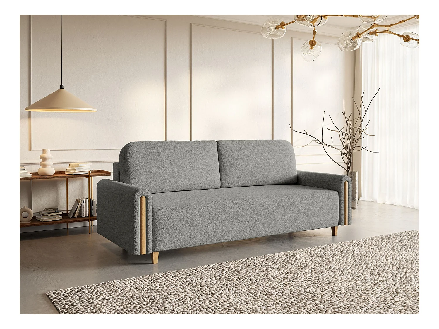 Canapé 3 places convertible avec coffre - en bouclette - gris clair - MAJLA