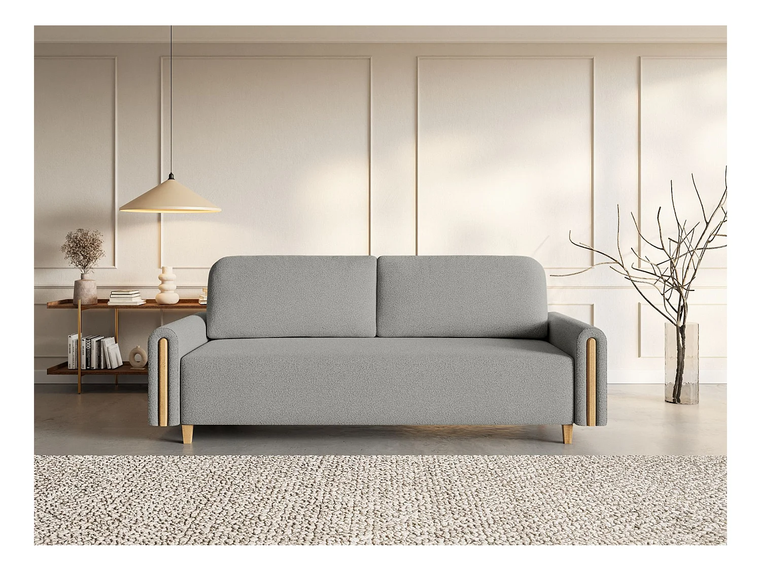 3-Sitzer Schlafsofa - mit Bouclé-Stoff - Bettkasten - Hellgrau - MAJLA