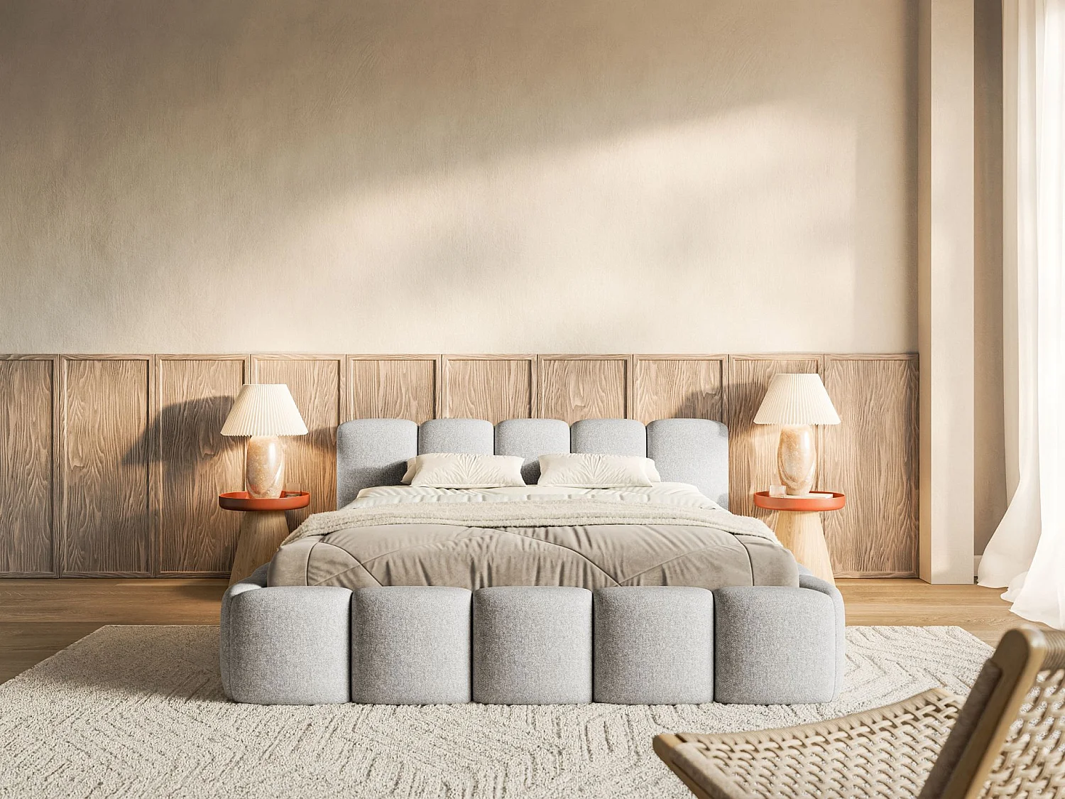 Lit rembourré – 180x200 cm – gris clair – chenille hydrophobe - CLOUDY LOW