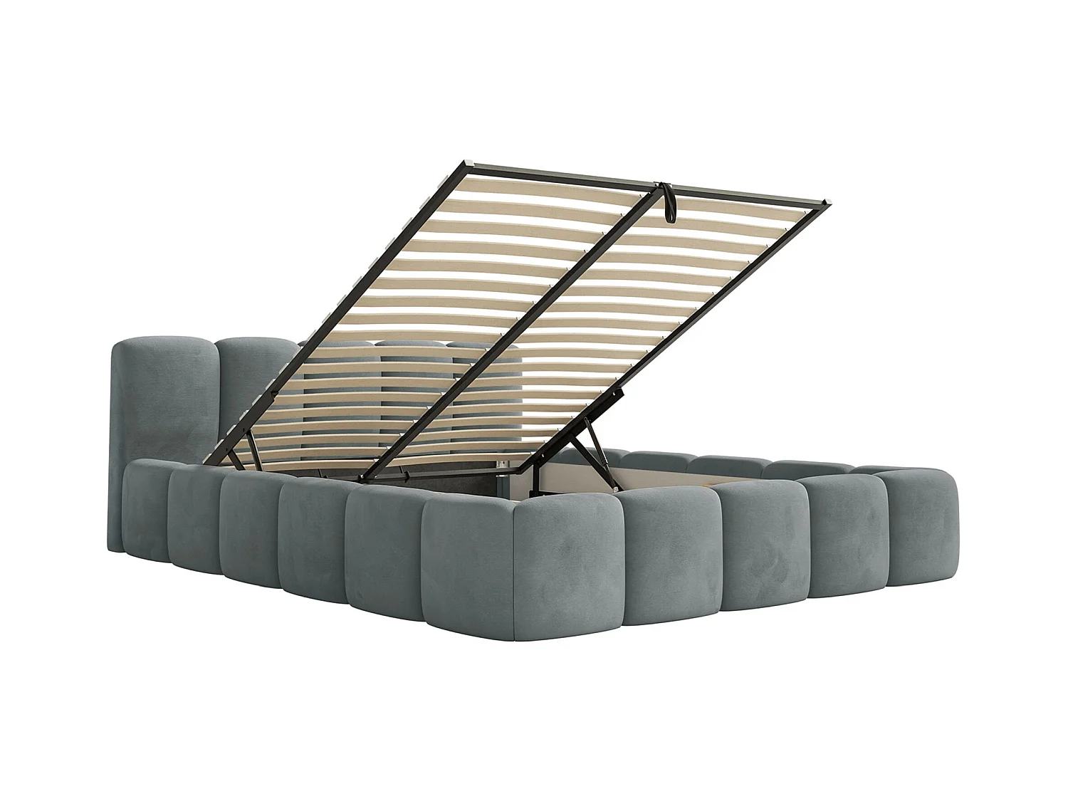 Lit rembourré – 200x200 cm – gris – avec coffre de rangement – velours hydrophobe - CLOUDY LOW