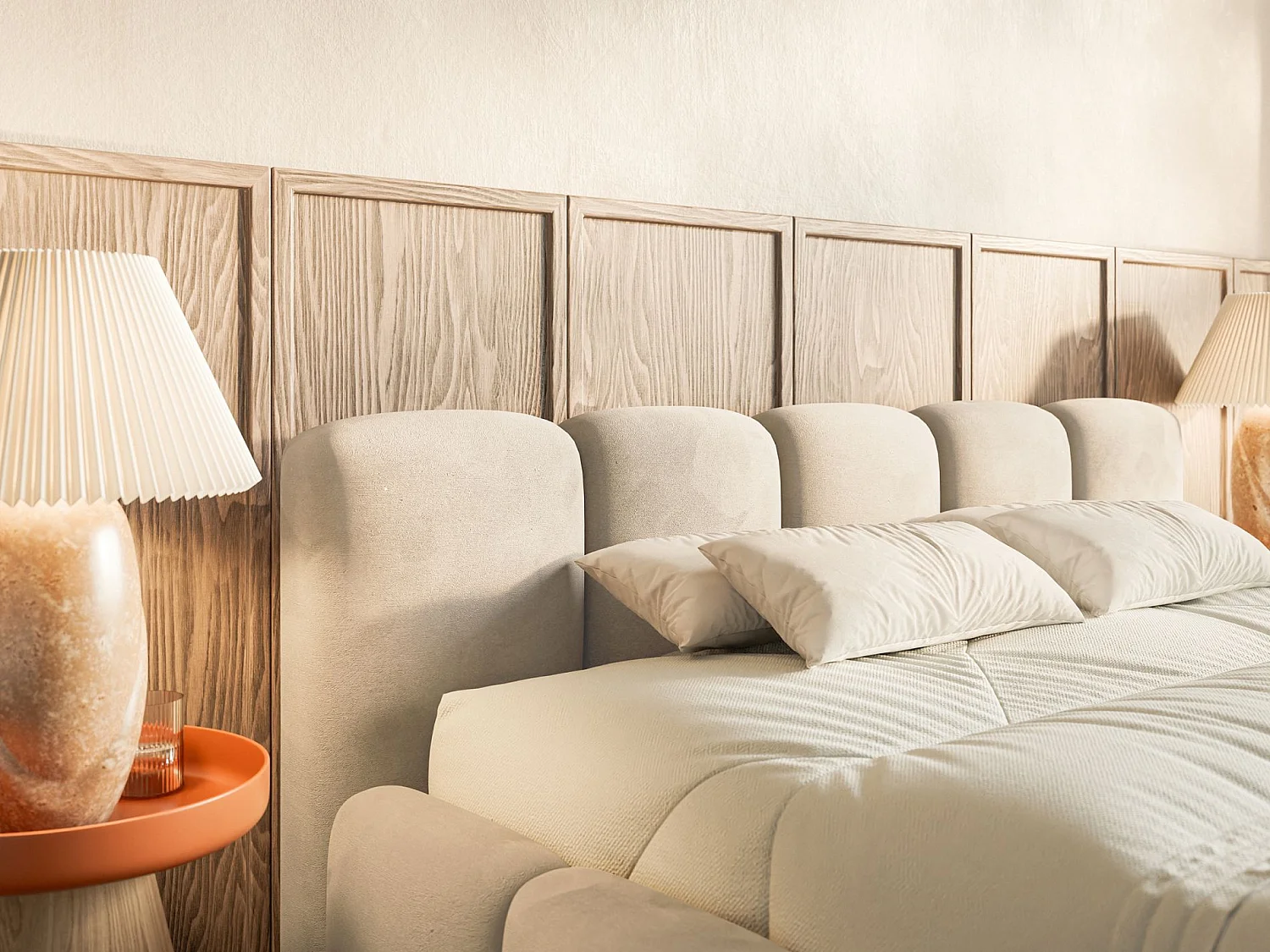 Lit rembourré – 160x200 cm – beige clair – avec coffre de rangement – velours hydrophobe - CLOUDY LOW