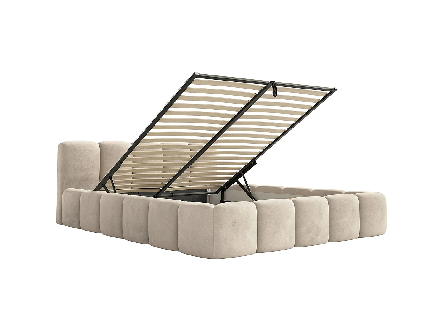 Lit rembourré – 160x200 cm – beige clair – avec coffre de rangement – velours hydrophobe - CLOUDY LOW