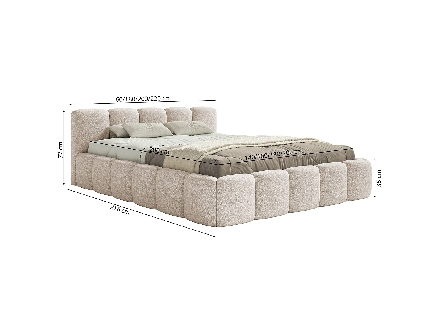 Lit rembourré – 200x200 cm – gris clair – chenille hydrophobe - CLOUDY LOW