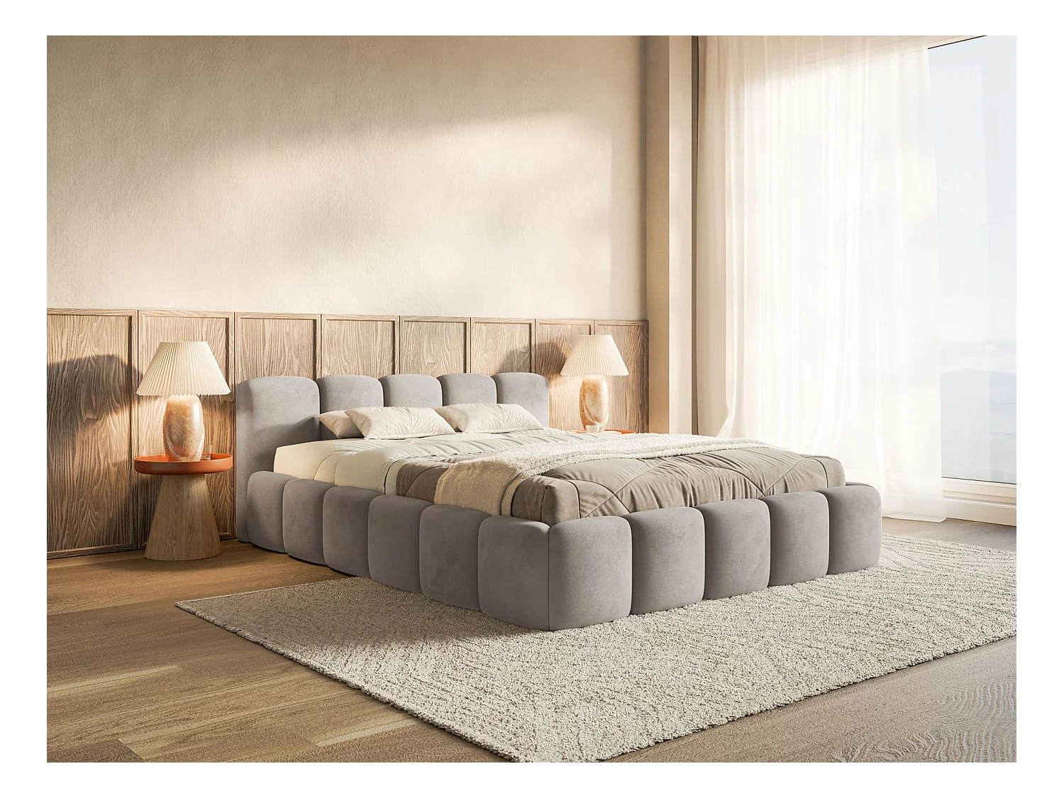 Lit rembourré – 200x200 cm – gris clair – avec coffre de rangement – velours hydrophobe - CLOUDY LOW