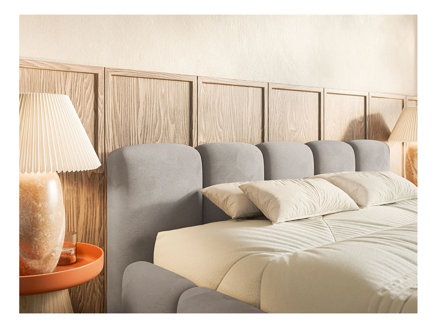 Lit rembourré – 200x200 cm – gris clair – avec coffre de rangement – velours hydrophobe - CLOUDY LOW