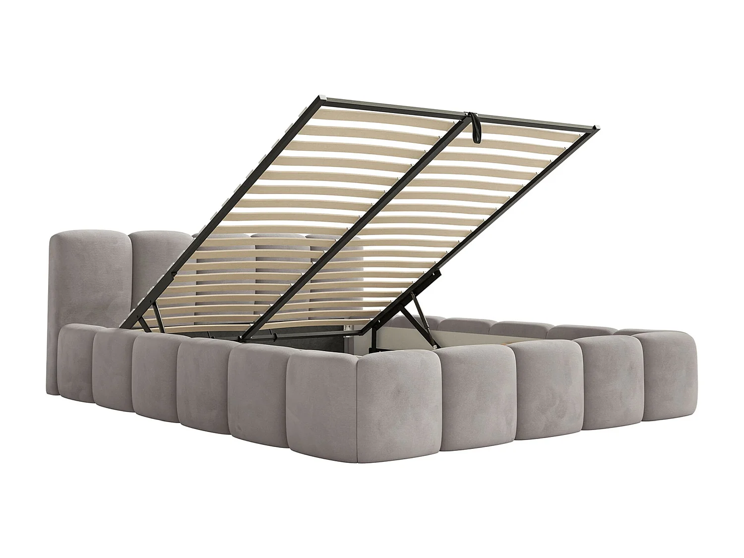 Lit rembourré – 200x200 cm – gris clair – avec coffre de rangement – velours hydrophobe - CLOUDY LOW