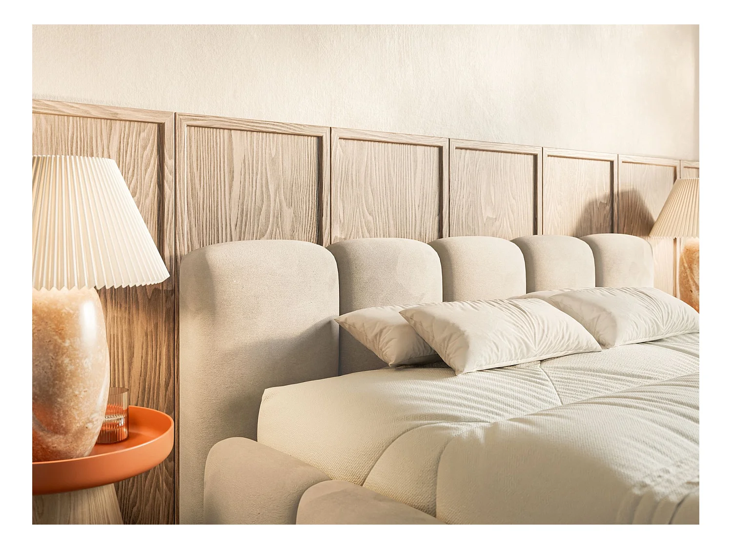 Lit rembourré – 200x200 cm – beige clair – velours hydrophobe - CLOUDY LOW