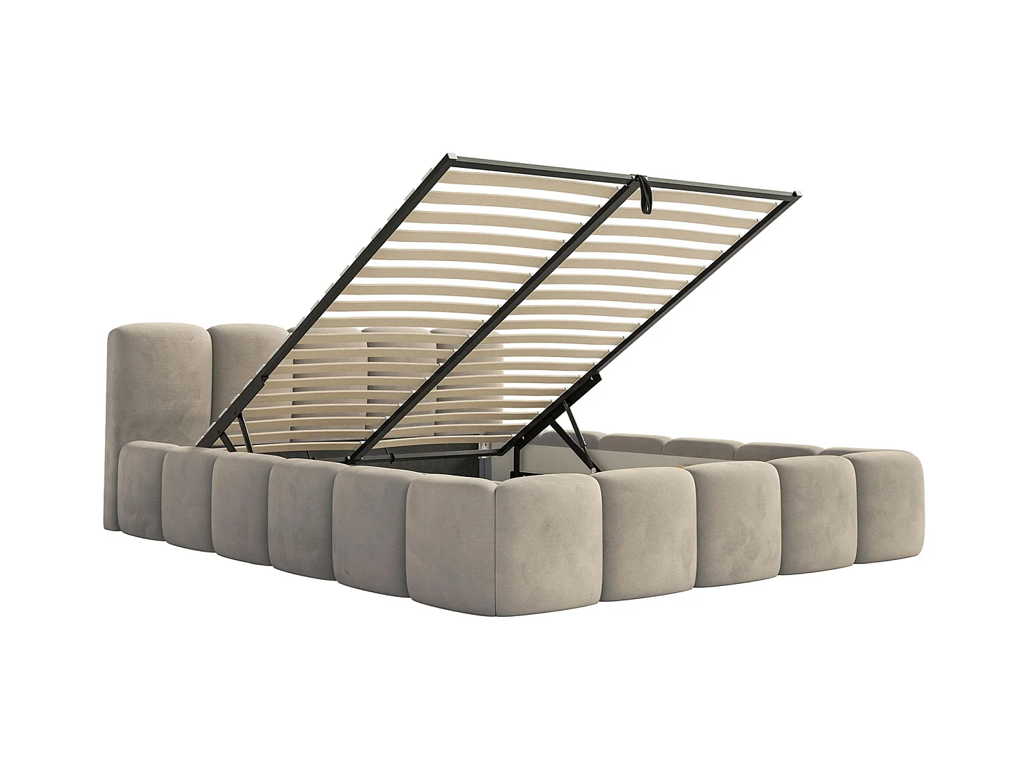 Lit rembourré – 180x200 cm – gris-beige – avec coffre de rangement – velours hydrophobe - CLOUDY LOW