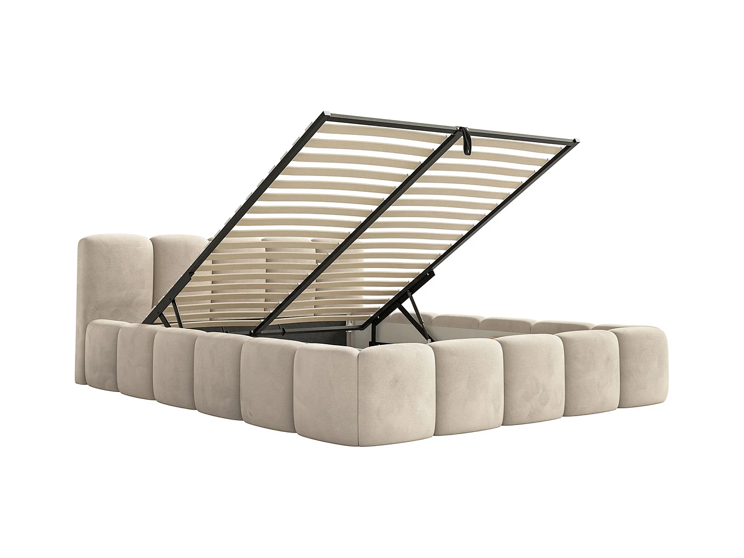 Lit rembourré – 140x200 cm – beige clair – avec coffre de rangement – velours hydrophobe - CLOUDY LOW