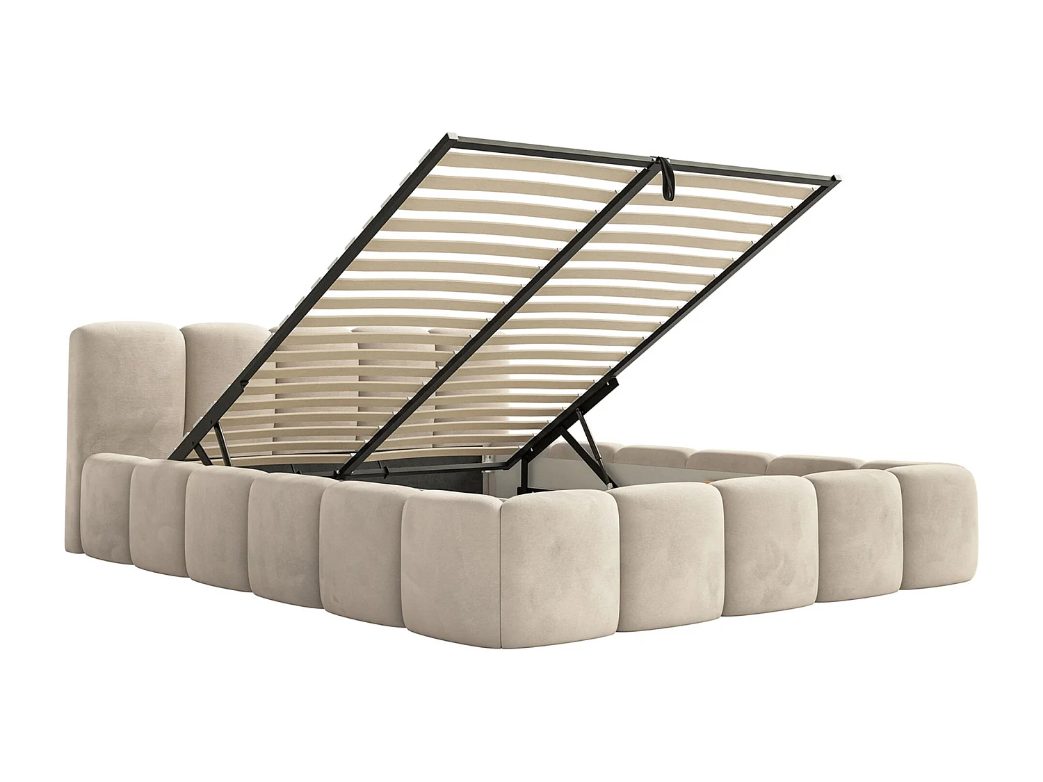 Polsterbett – 140x200 cm – hellbeige – mit Bettkasten – wasserabweisender Samt - CLOUDY LOW