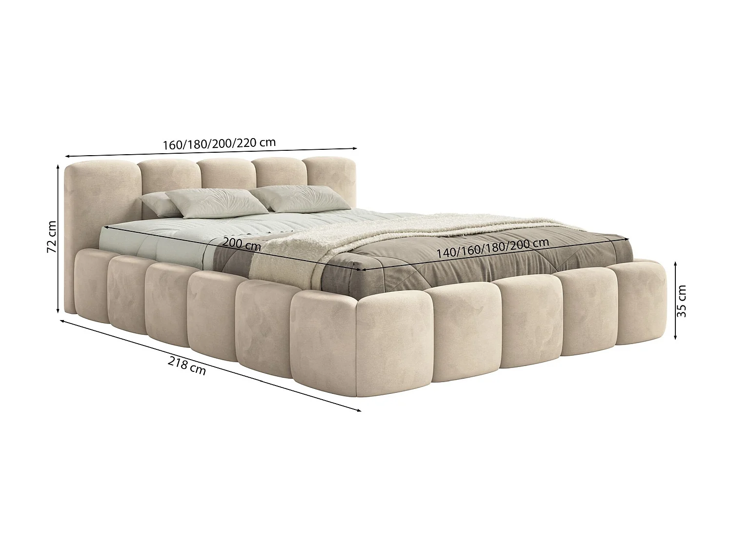 Polsterbett – 140x200 cm – hellbeige – mit Bettkasten – wasserabweisender Samt - CLOUDY LOW