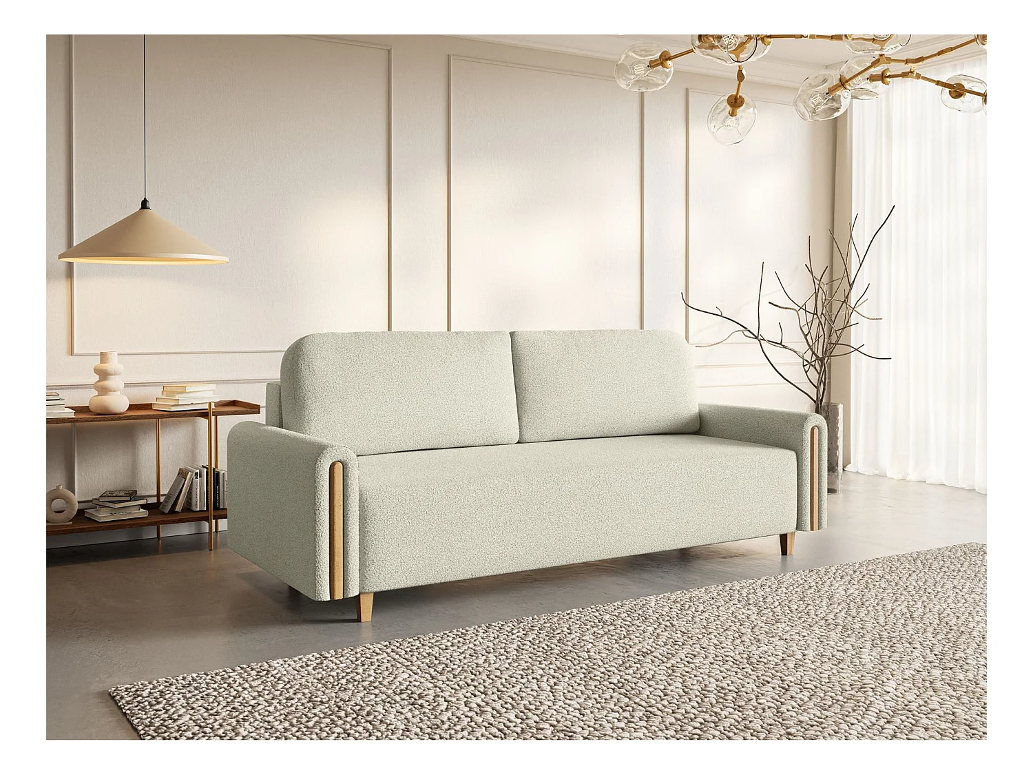3-Sitzer Schlafsofa - mit Bouclé-Stoff - Bettkasten - Creme - MAJLA
