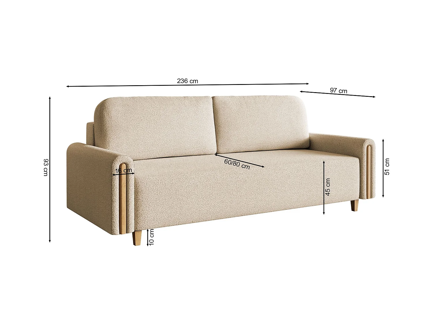 3-Sitzer Schlafsofa - mit Bouclé-Stoff - Bettkasten - Creme - MAJLA