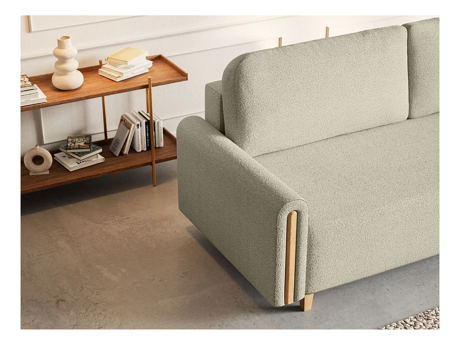 3-Sitzer Schlafsofa - mit Bouclé-Stoff - Bettkasten - Creme - MAJLA