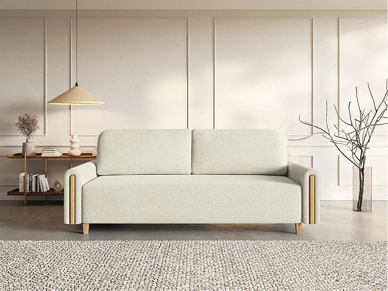 3-Sitzer Schlafsofa - mit Bouclé-Stoff - Bettkasten - Creme - MAJLA