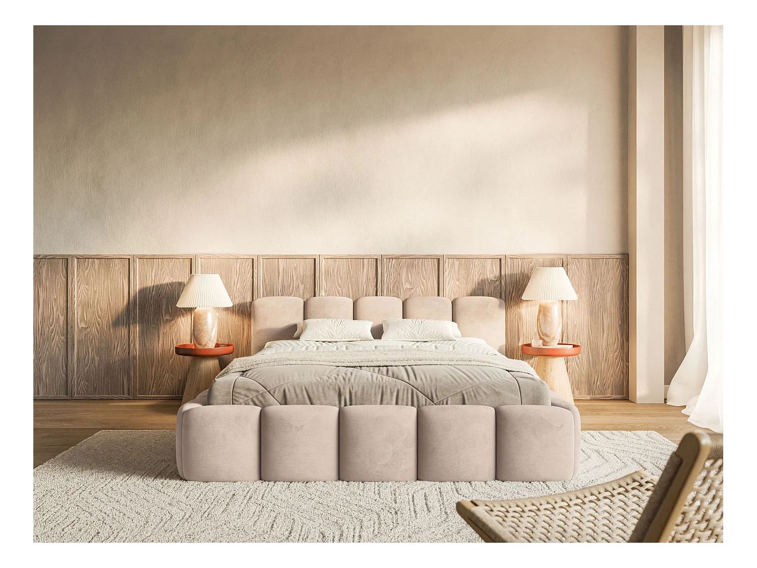 Lit rembourré – 200x200 cm – beige – velours hydrophobe - CLOUDY LOW