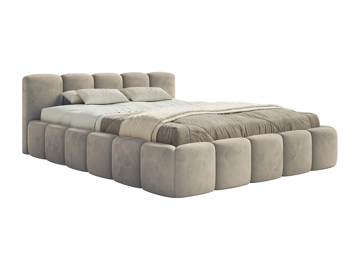 Lit rembourré – 160x200 cm – gris-beige – avec coffre de rangement – velours hydrophobe - CLOUDY LOW