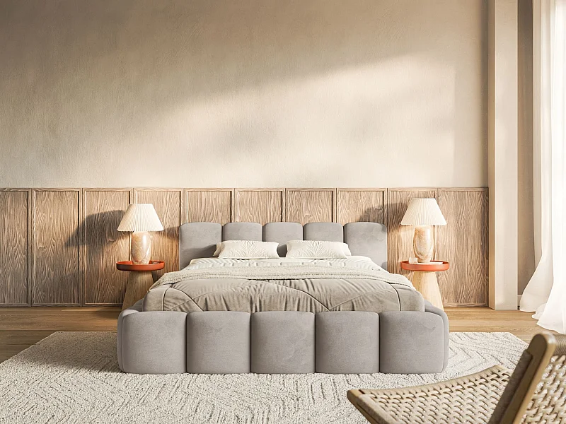 Lit rembourré – 180x200 cm – gris clair – velours hydrophobe - CLOUDY LOW