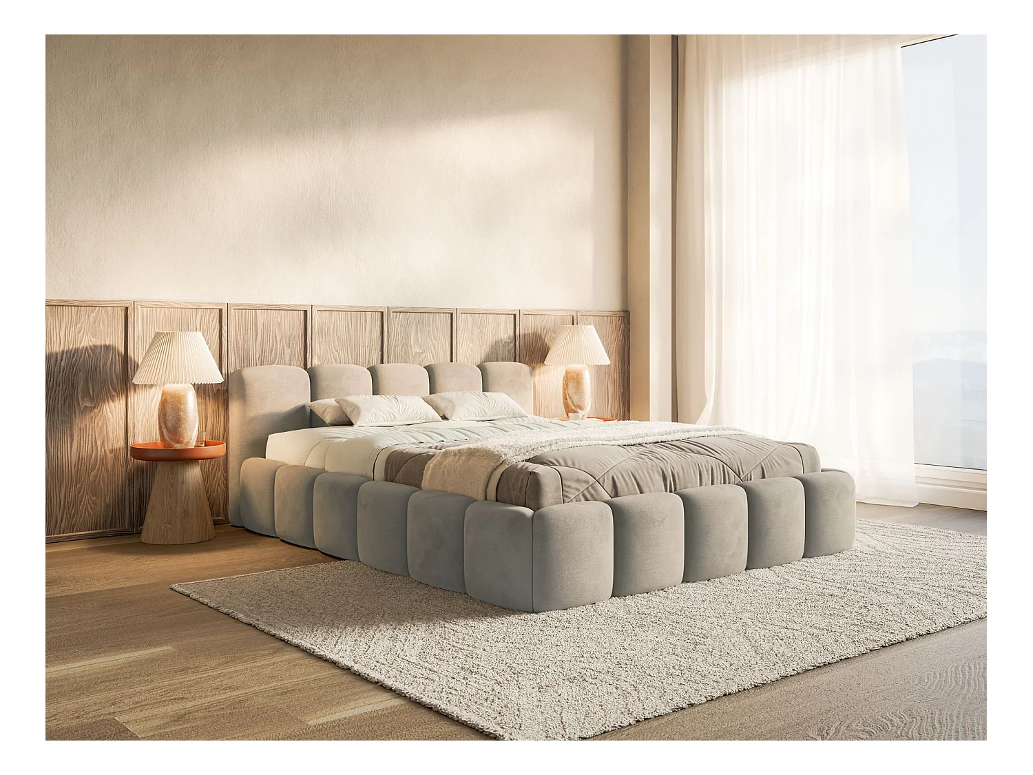 Lit rembourré – 200x200 cm – gris-beige – velours hydrophobe - CLOUDY LOW