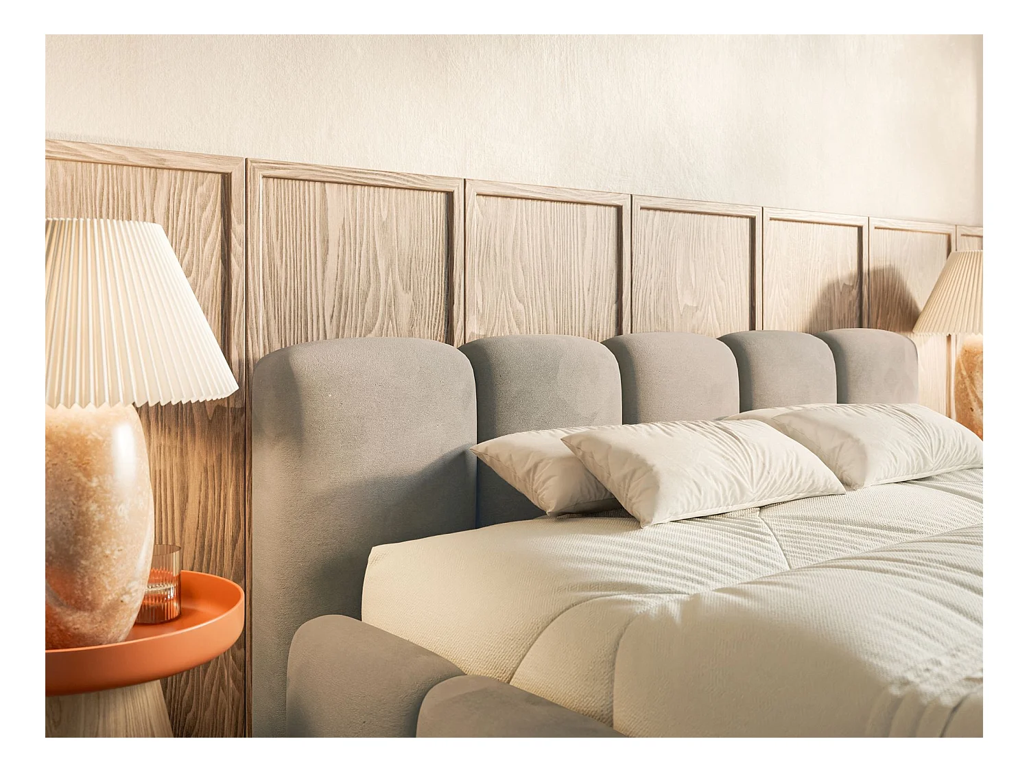 Lit rembourré – 200x200 cm – gris-beige – velours hydrophobe - CLOUDY LOW