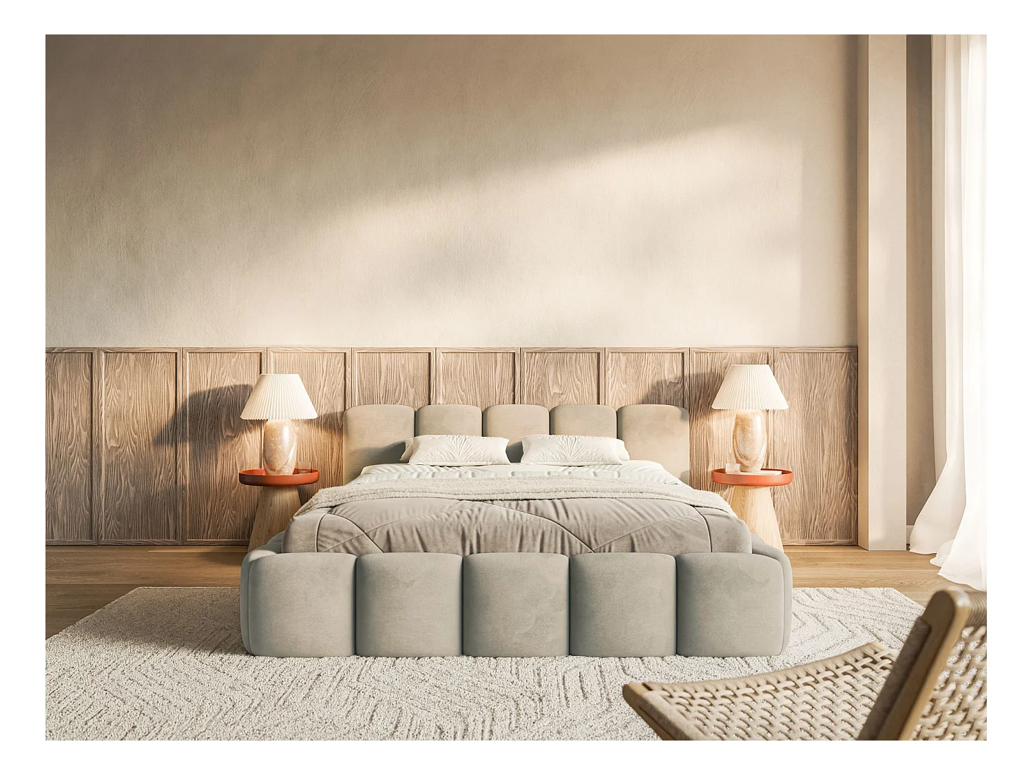 Lit rembourré – 200x200 cm – gris-beige – velours hydrophobe - CLOUDY LOW