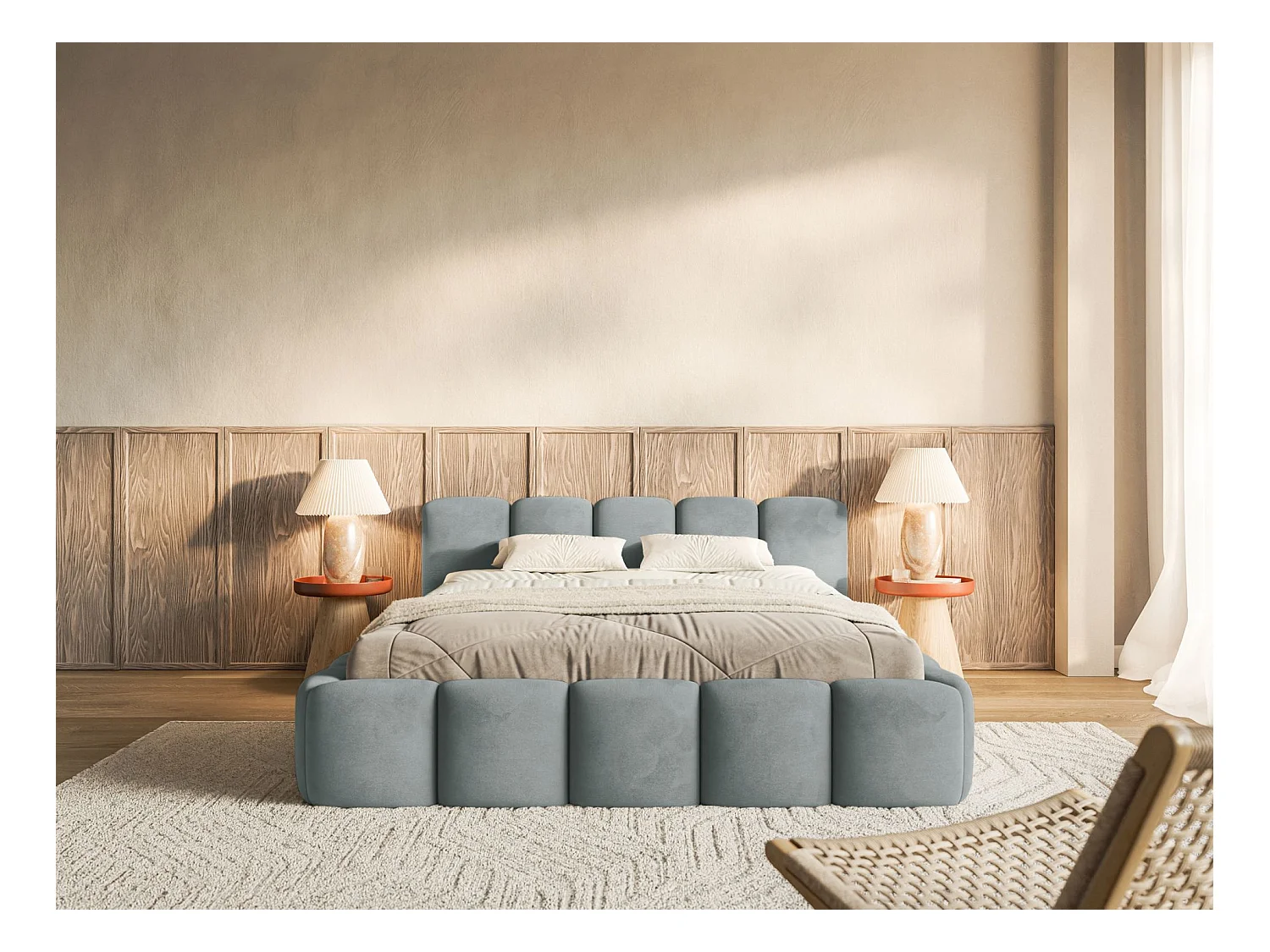 Lit rembourré – 200x200 cm – gris – velours hydrophobe - CLOUDY LOW