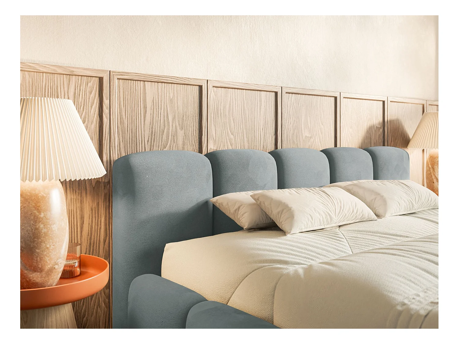 Lit rembourré – 160x200 cm – gris – velours hydrophobe - CLOUDY LOW