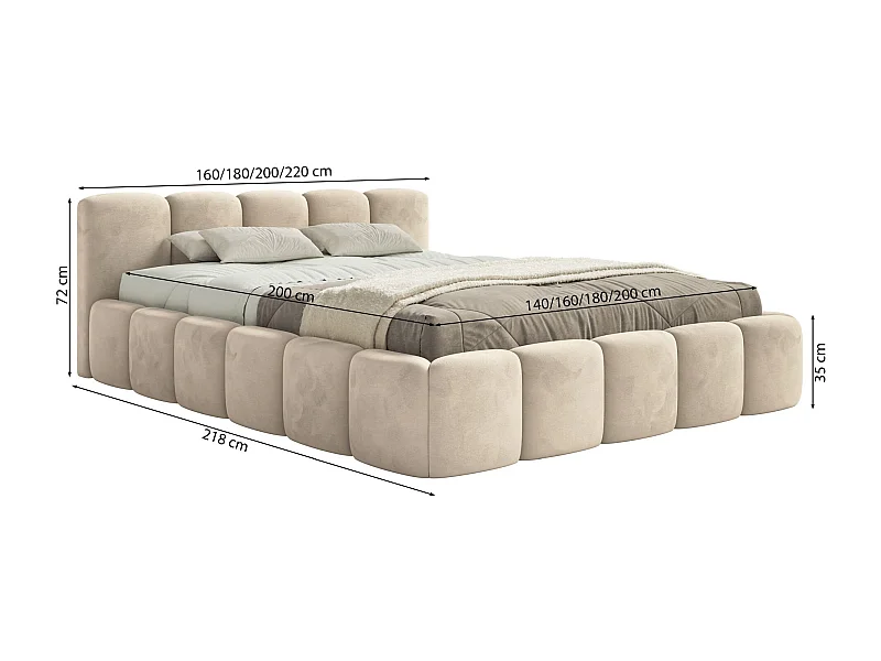 Lit rembourré – 140x200 cm – gris clair – velours hydrophobe - CLOUDY LOW