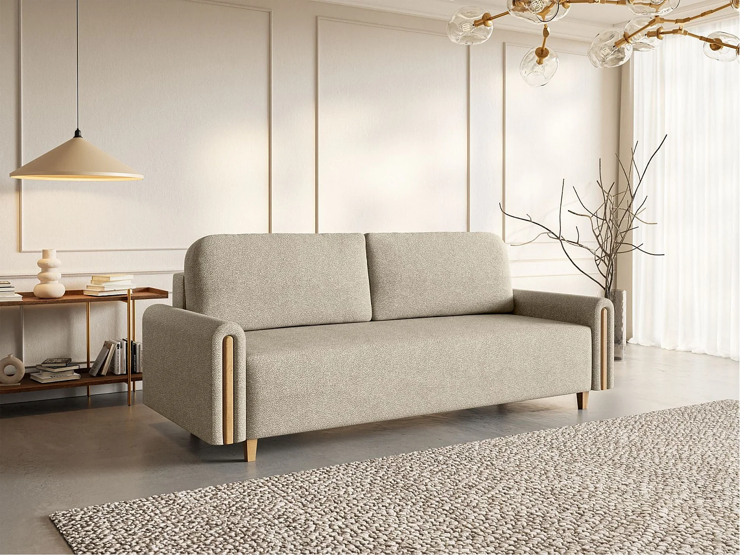 Canapé 3 places convertible avec coffre - en tissu déperlant - beige - MAJLA