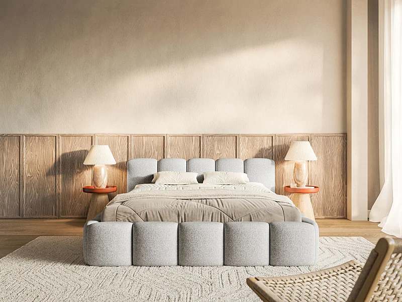 Lit rembourré – 160x200 cm – gris clair – chenille hydrophobe - CLOUDY LOW