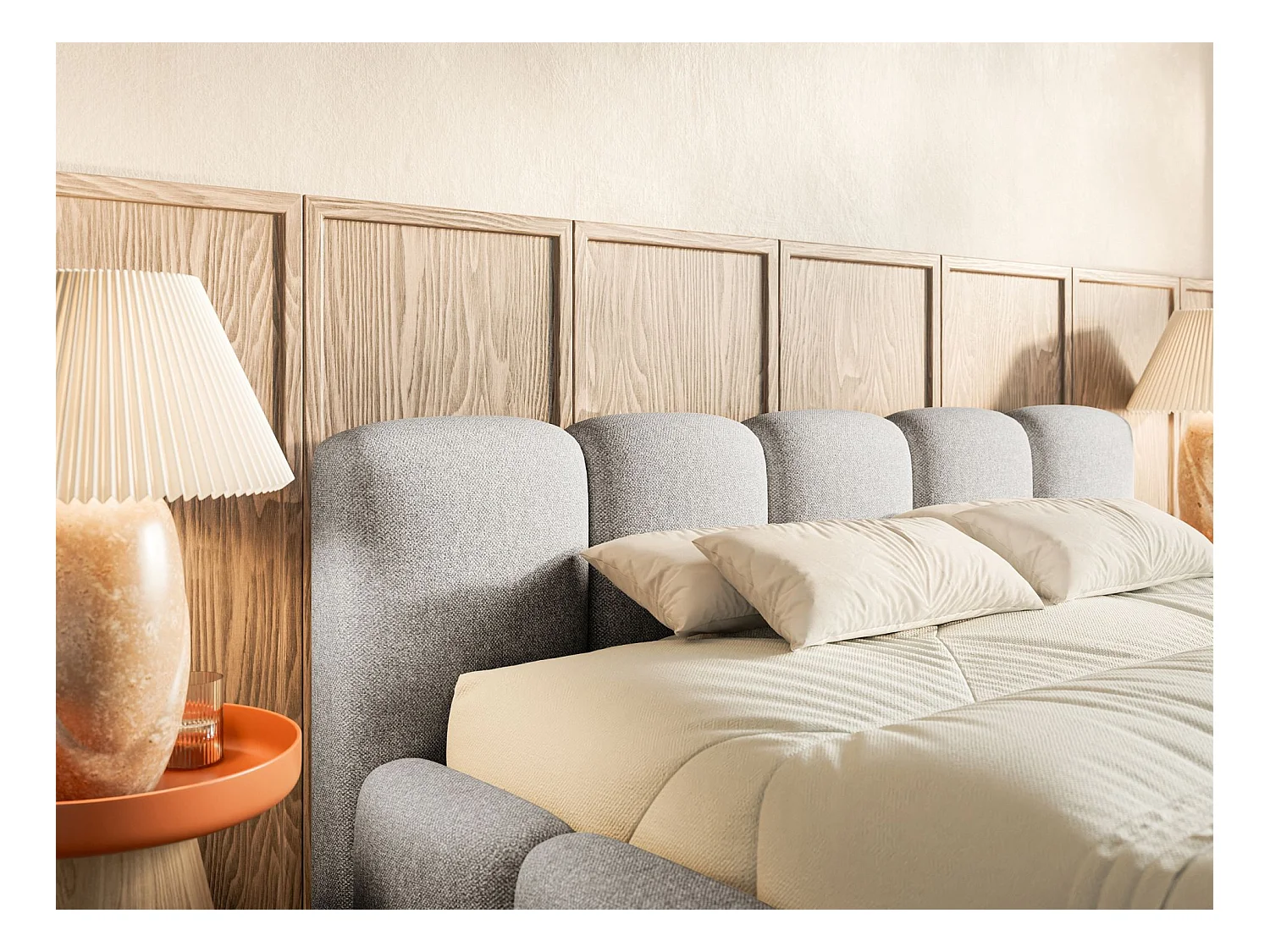 Lit rembourré – 160x200 cm – gris clair – chenille hydrophobe - CLOUDY LOW