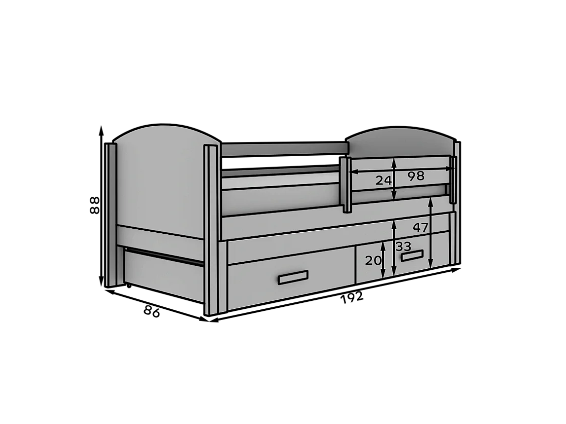 Letto per bambini Liam/80x180/2 zone notte/Grigio e Bianco