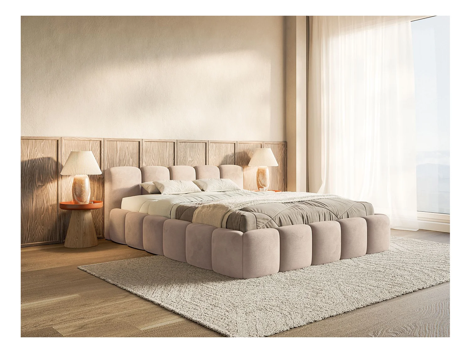 Lit rembourré – 160x200 cm – beige – velours hydrophobe - CLOUDY LOW