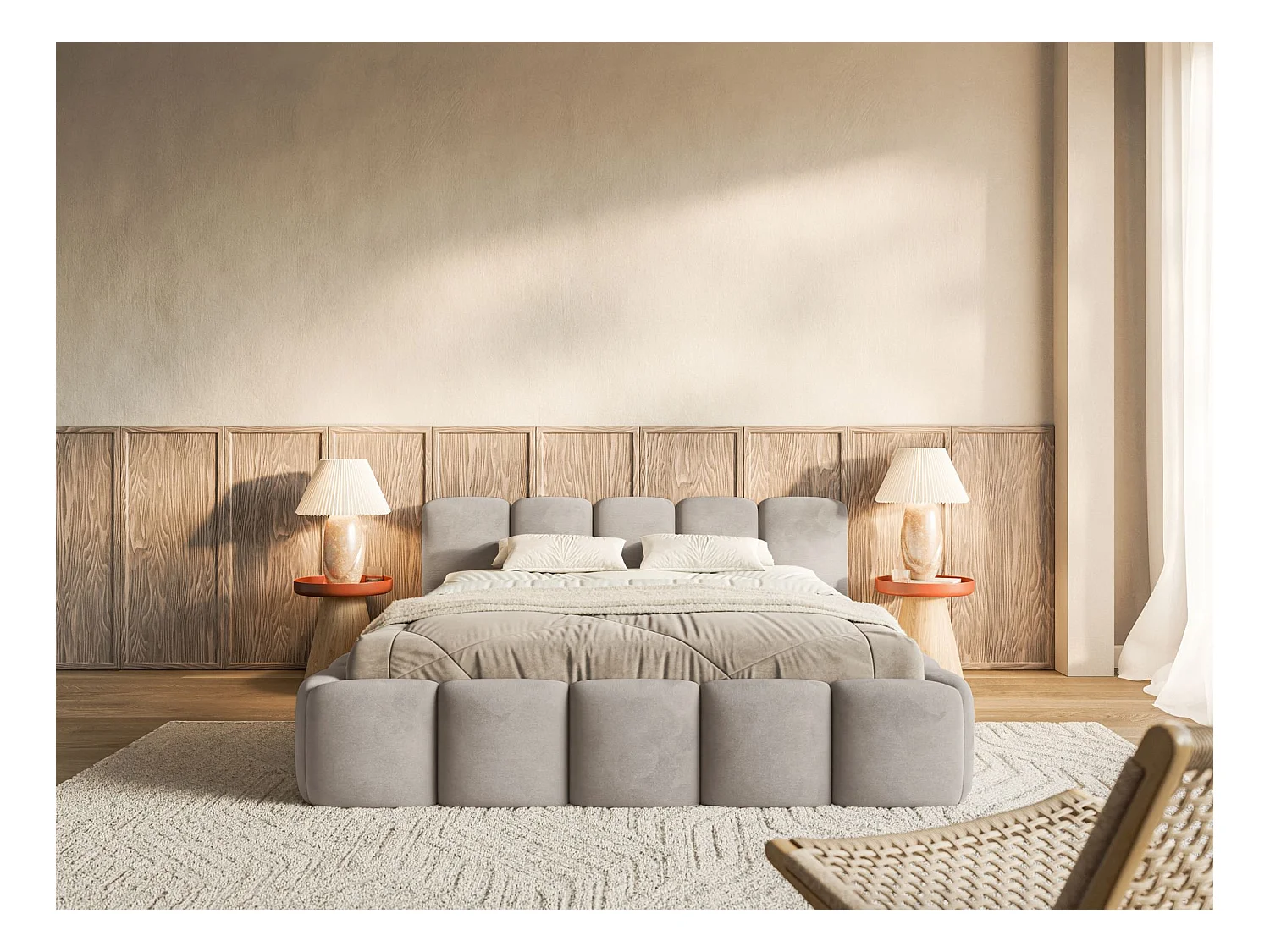 Lit rembourré – 200x200 cm – gris clair – velours hydrophobe - CLOUDY LOW