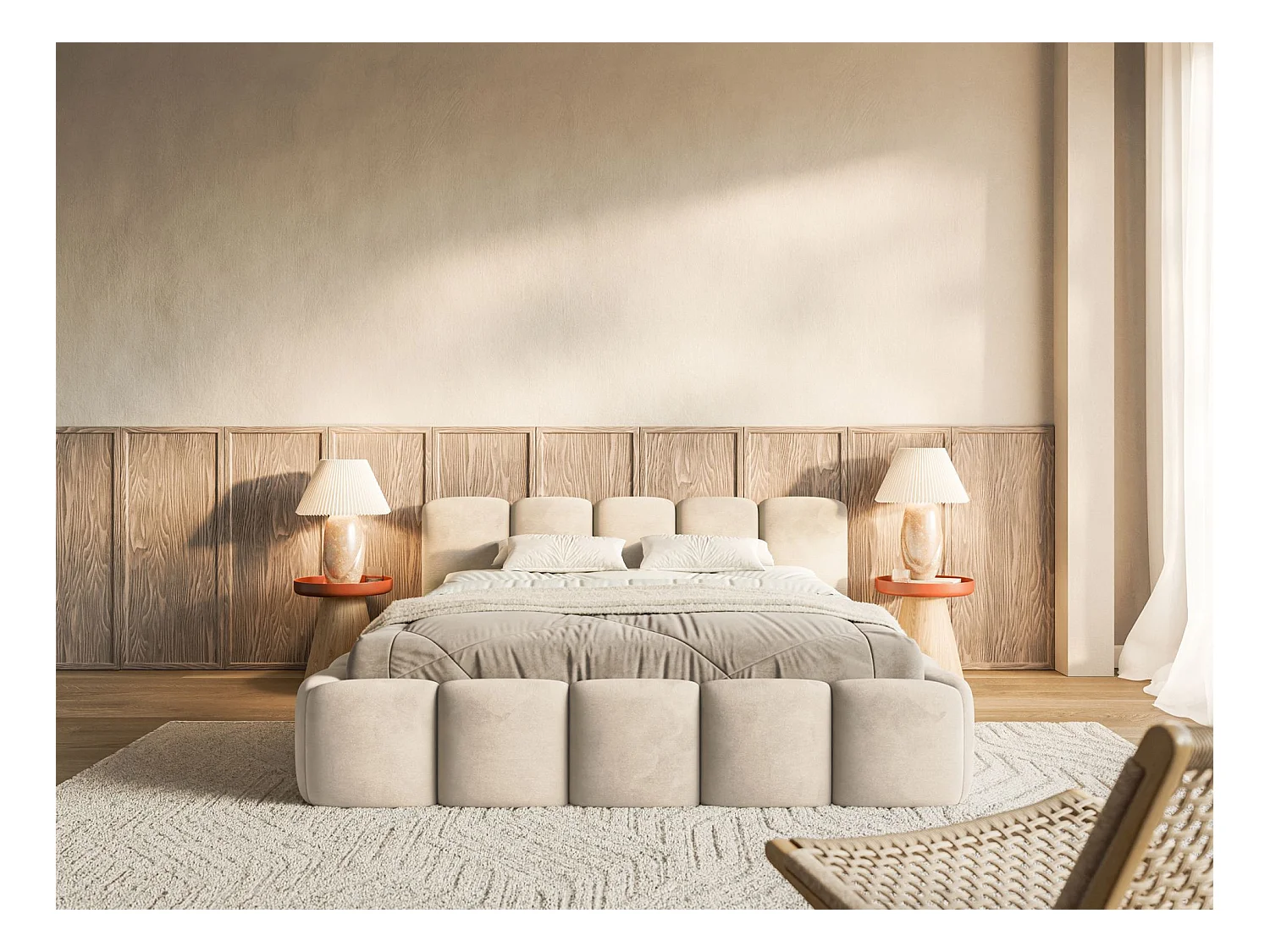 Lit rembourré – 200x200 cm – beige clair – avec coffre de rangement – velours hydrophobe - CLOUDY LOW