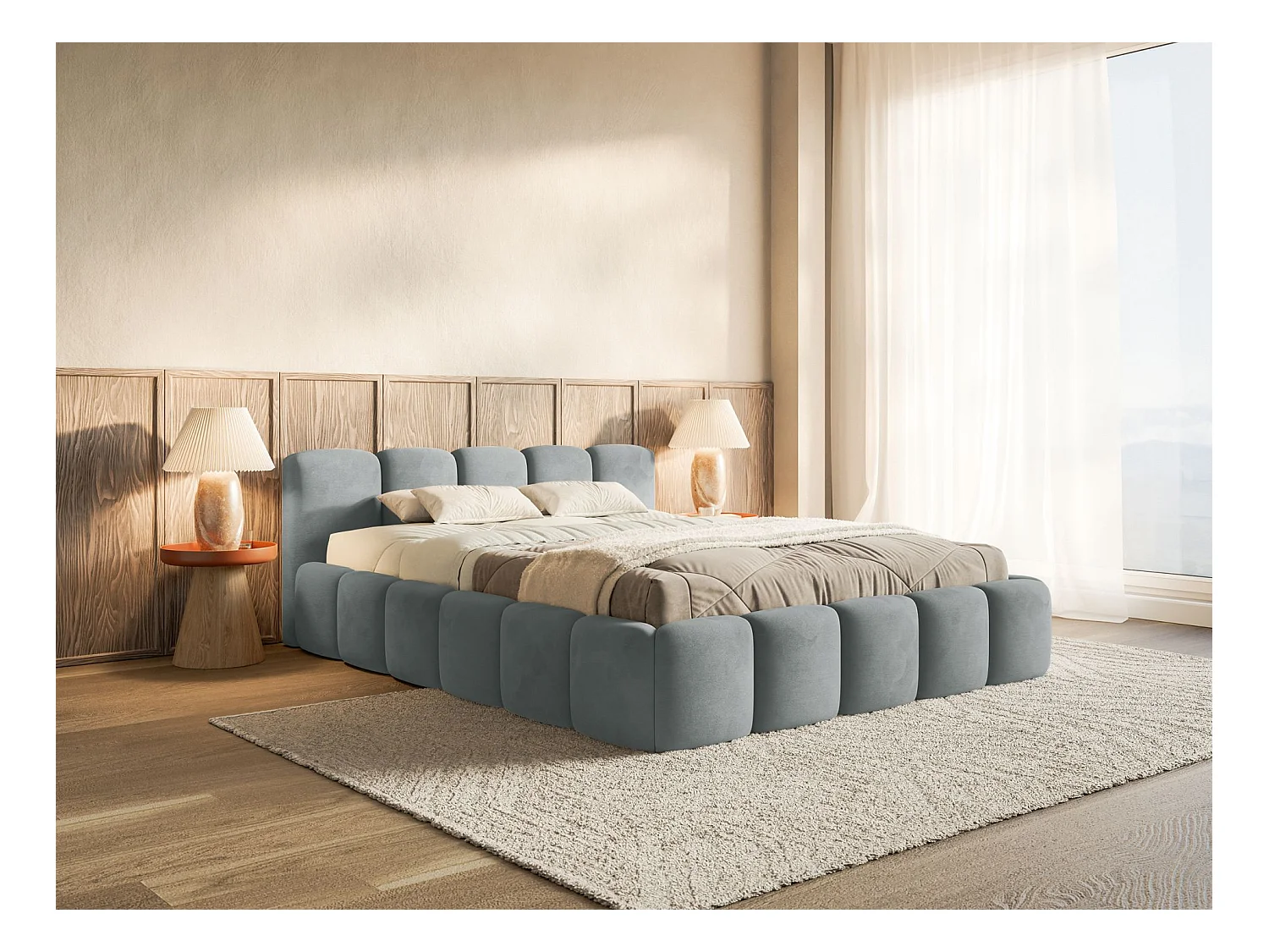 Lit rembourré – 140x200 cm – gris – avec coffre de rangement – velours hydrophobe - CLOUDY LOW