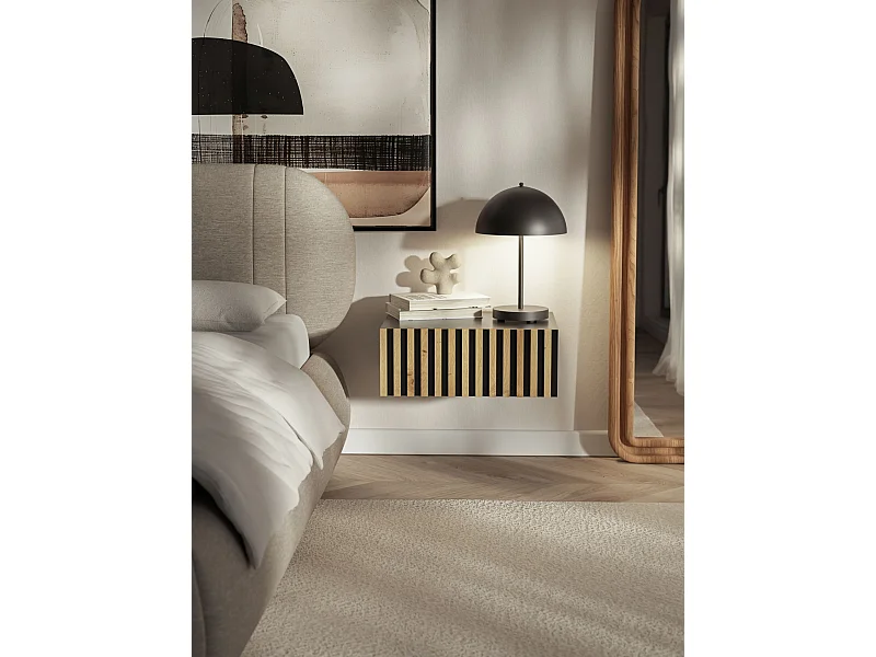 Mesita de noche colgante – cajón y frente con lamas – 50 cm – negro/roble – TELIRE