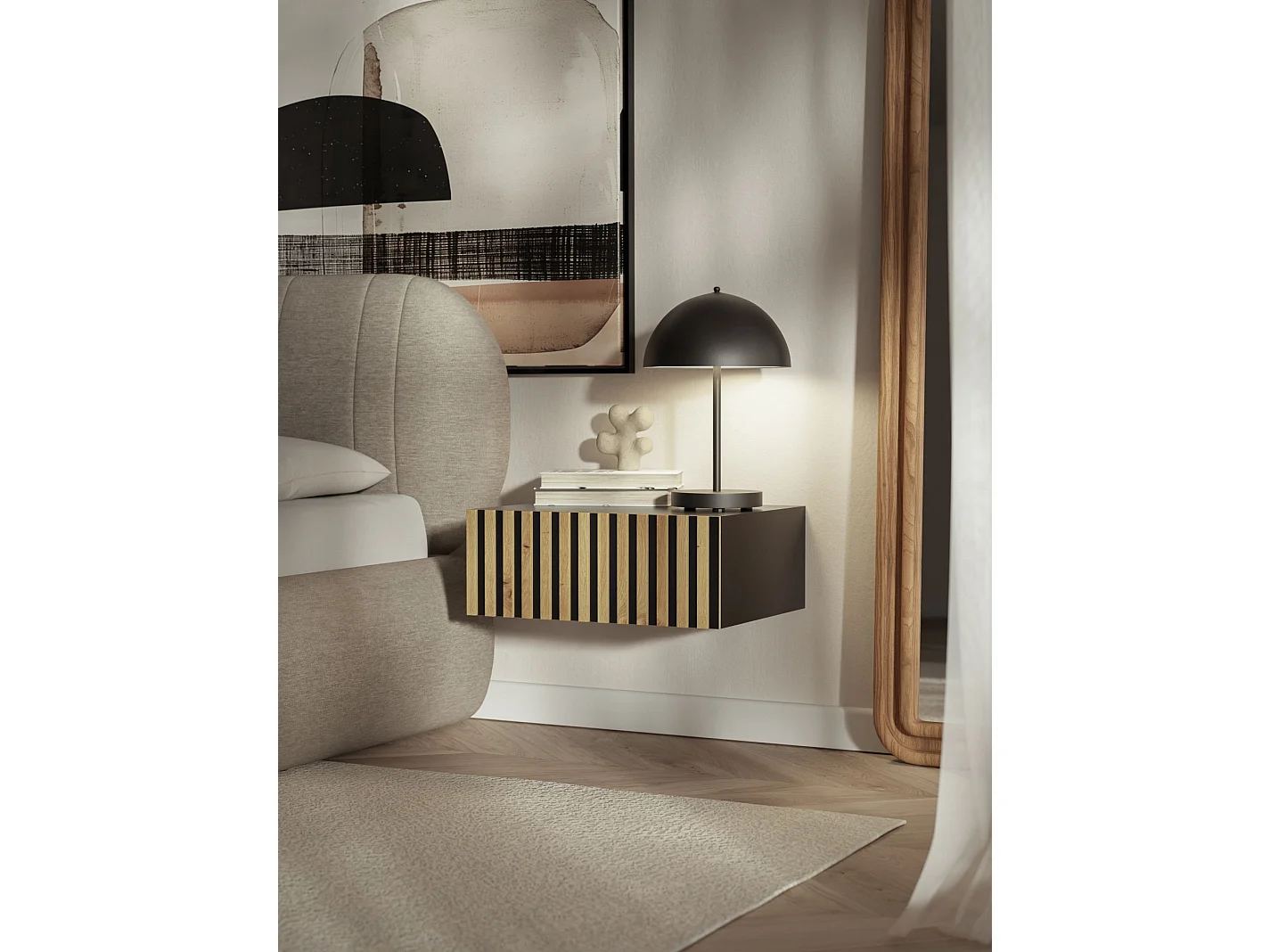 Table de chevet suspendue – tiroir & façade à lamelles – 50 cm – noir/chêne – TELIRE